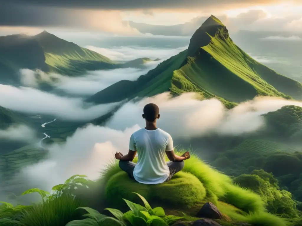 Persona meditando en la cima de una montaña, rodeada de nubes y naturaleza exuberante, transmitiendo serenidad