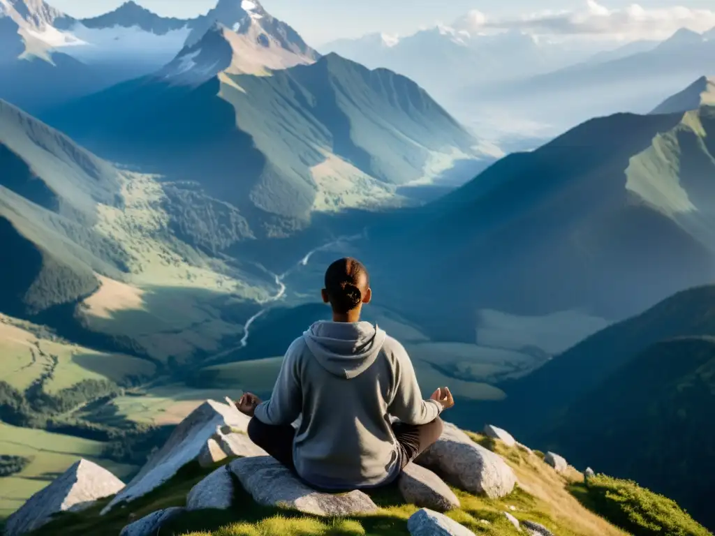 Persona meditando en cima montañosa, rodeada de paisaje neblinoso y picos nevados