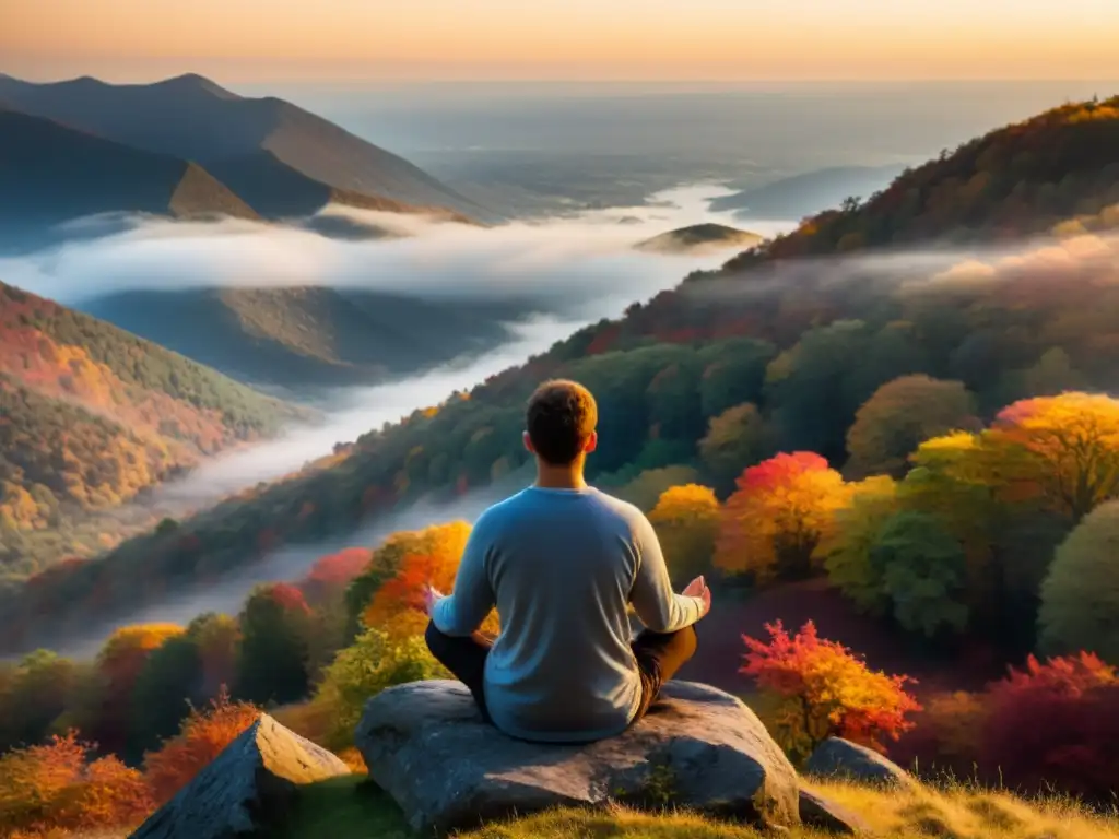 Persona meditando en la cima neblinosa de la montaña entre hojas otoñales, evocando diálogo filosófico tradiciones orientales