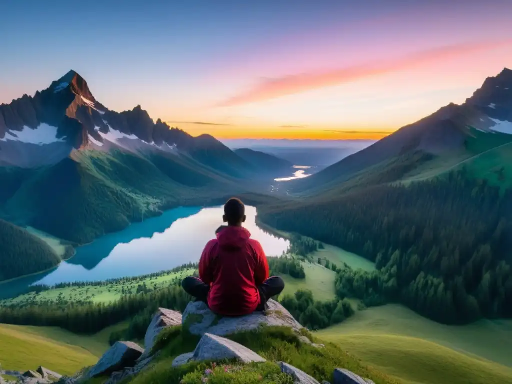 Persona meditando en la cima de la montaña al amanecer, reflejada en un lago sereno