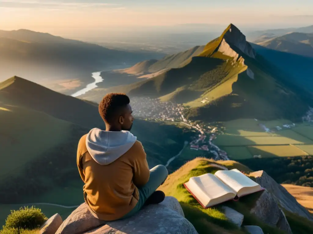 Persona en la cima de la montaña, rodeada de libros y reflexión, en busca de autoconocimiento filosófico interactivo