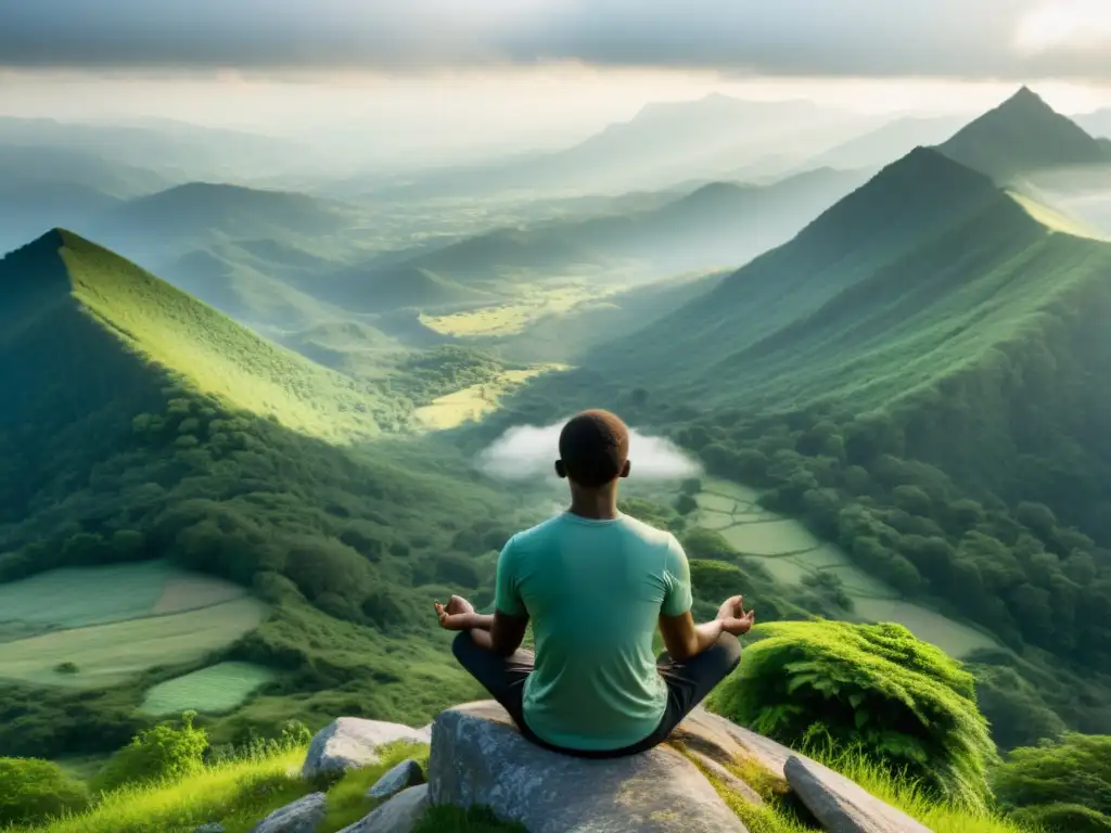 Persona en meditación en la cima de la montaña, rodeada de naturaleza exuberante, simbolizando el equilibrio mental en filosofías del mundo