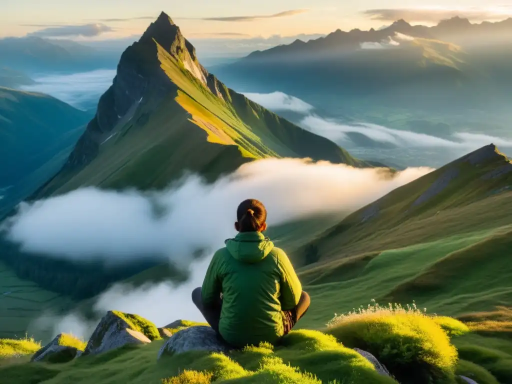 Persona meditando en la cima de la montaña al amanecer, rodeada de neblina y paz