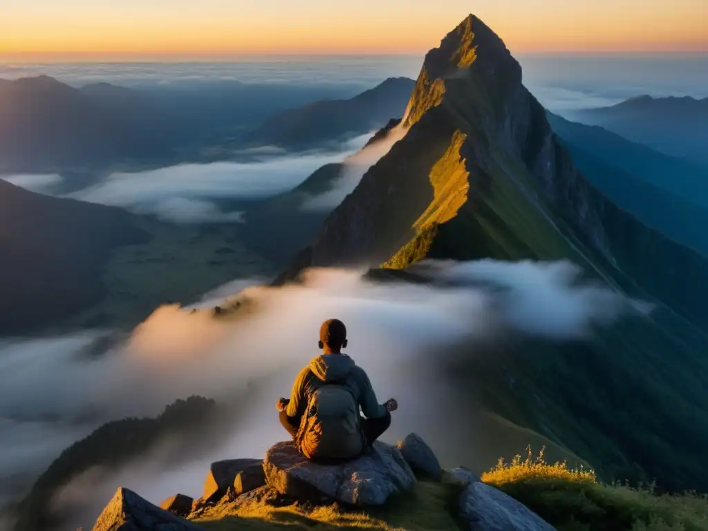 Persona meditando en la cima de la montaña al amanecer, rodeada de niebla