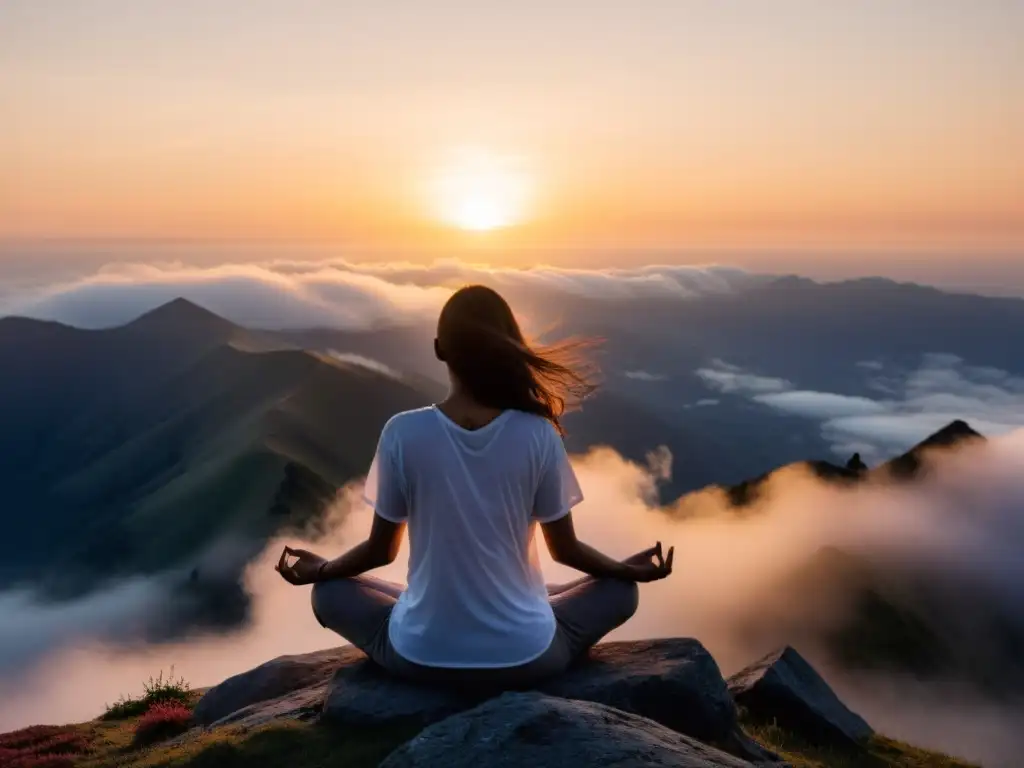 Persona meditando en la cima de la montaña, rodeada de niebla, con el sol saliendo