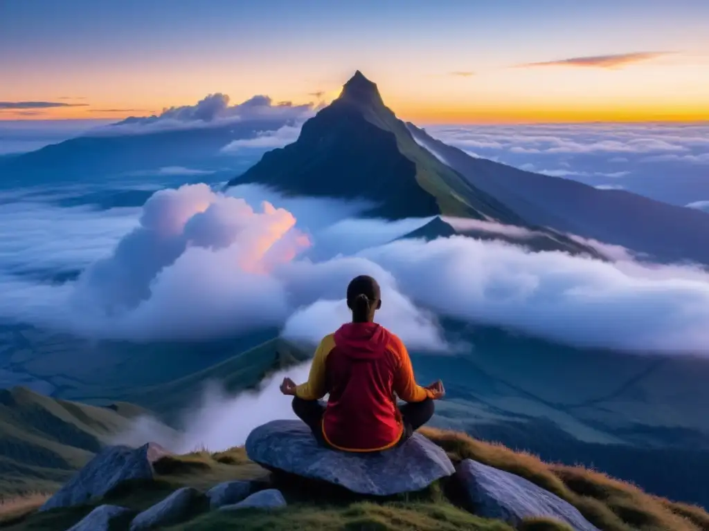 Persona meditando en la cima de la montaña al amanecer, rodeada de nubes