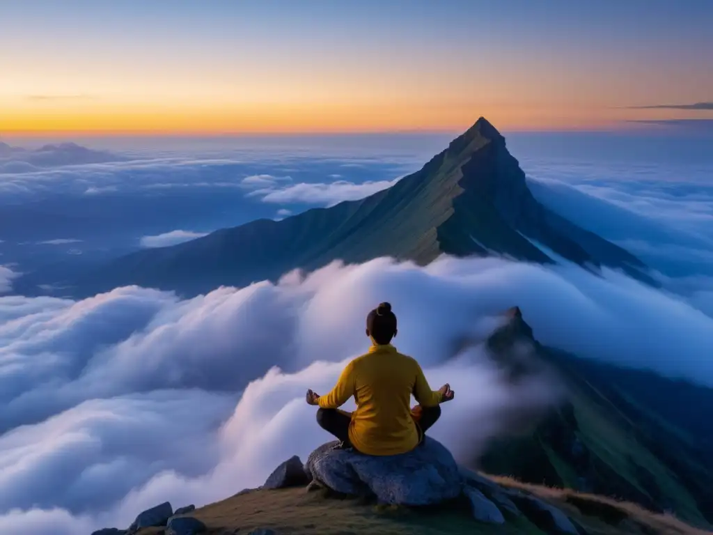 Persona meditando en la cima de la montaña, rodeada de nubes, con el sol saliendo