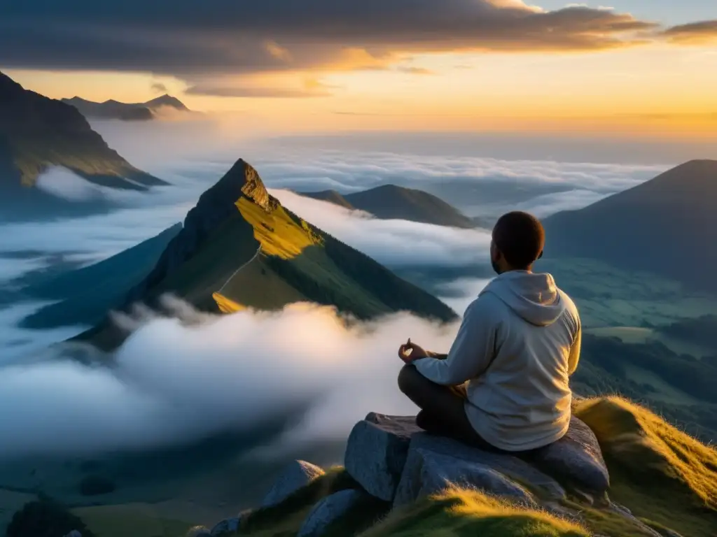 Persona meditando en la cima de la montaña al amanecer, rodeada de nubes