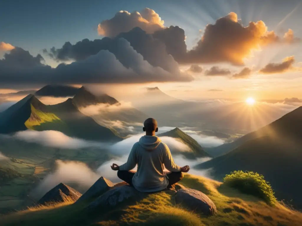 Persona meditando en la cima de la montaña, rodeada de nubes y con el sol saliendo