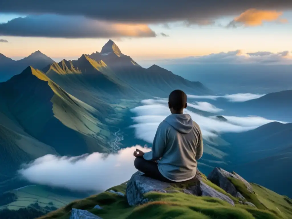 Persona meditando en la cima de la montaña al amanecer, rodeada de picos neblinosos, transmitiendo calma y mindfulness para bienestar emocional