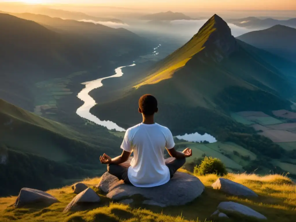 Persona meditando en la cima de la montaña al amanecer, transmitiendo serenidad y calma