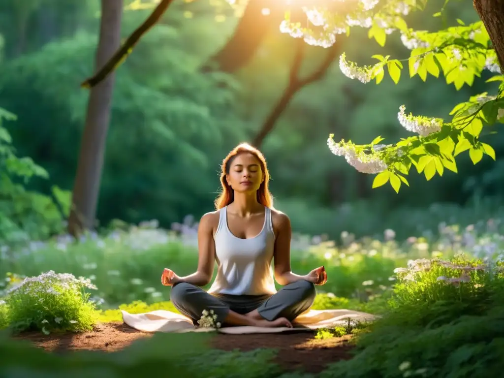Persona en meditación en un claro arbolado, rodeada de naturaleza exuberante y flores silvestres