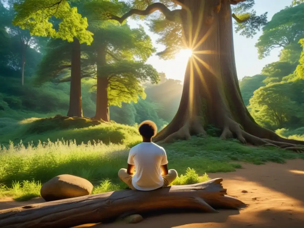 Persona en meditación en claro del bosque con árboles antiguos y luz dorada, invita al autoconocimiento filosófico interactivo