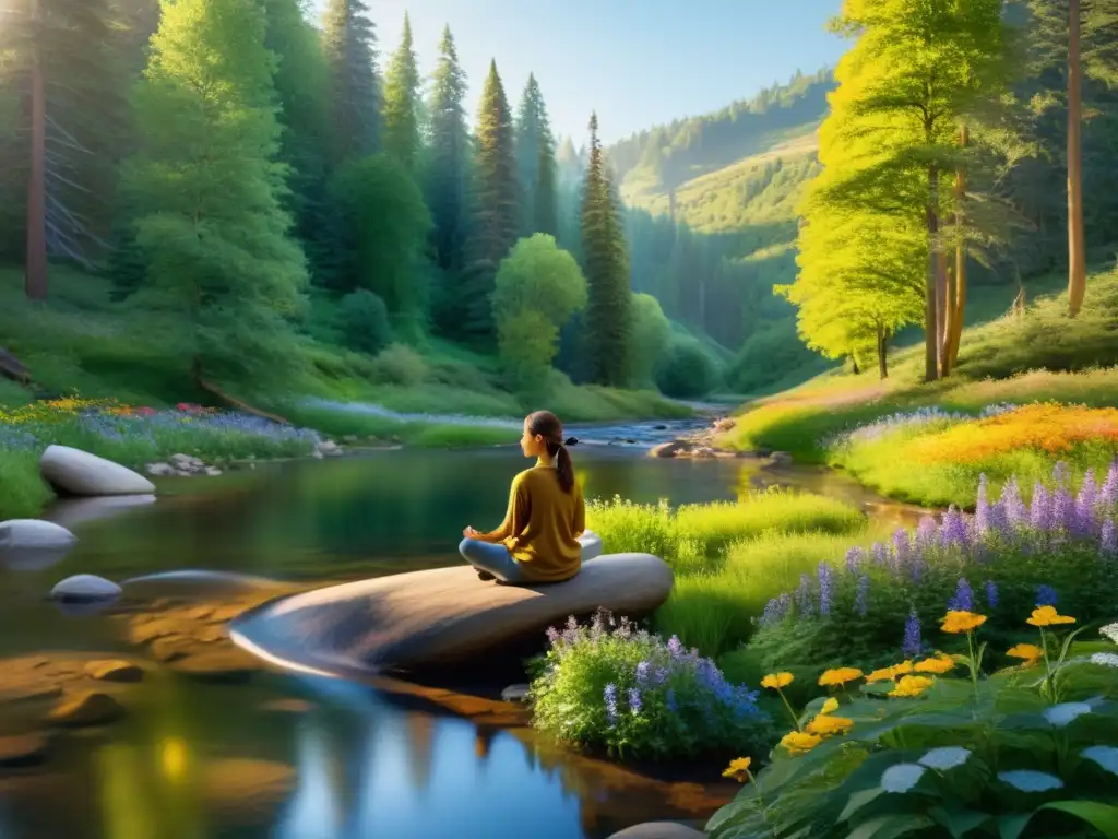 Persona en meditación en un claro del bosque iluminado por el sol, rodeado de árboles y flores silvestres