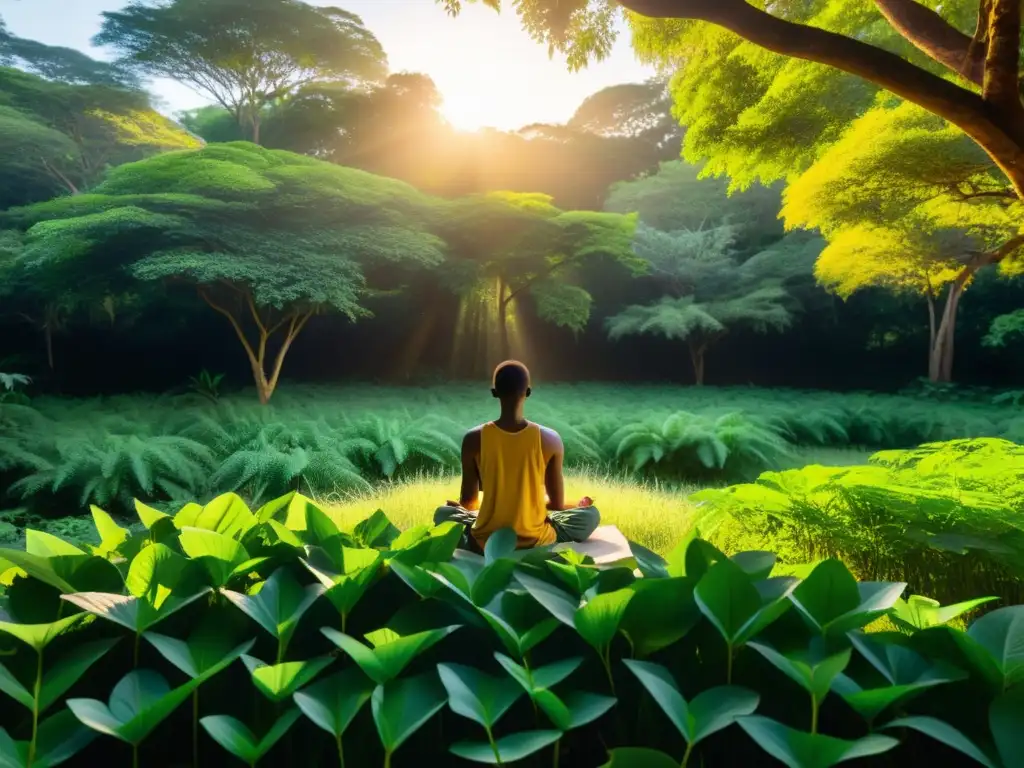 Persona meditando en un claro del bosque subsahariano, rodeada de árboles y luz dorada, evocando meditación y contemplación en filosofía subsahariana