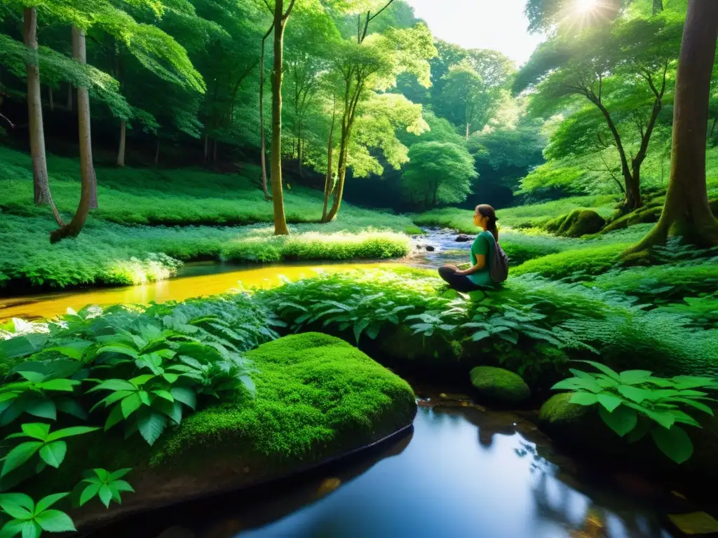 Persona meditando en un claro del bosque, rodeada de naturaleza exuberante, evocando mindfulness y apreciación de la naturaleza