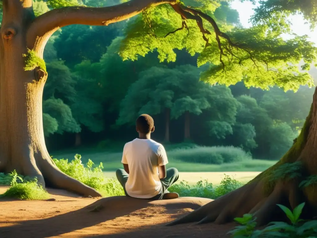 Persona meditando en un claro del bosque, sumergida en pensamientos profundos