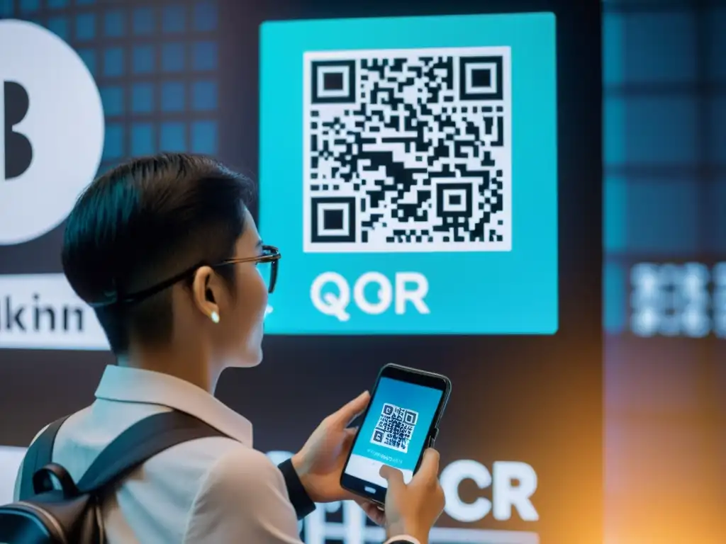 Persona escaneando un código QR en pantalla, rodeada de visualizaciones de blockchain