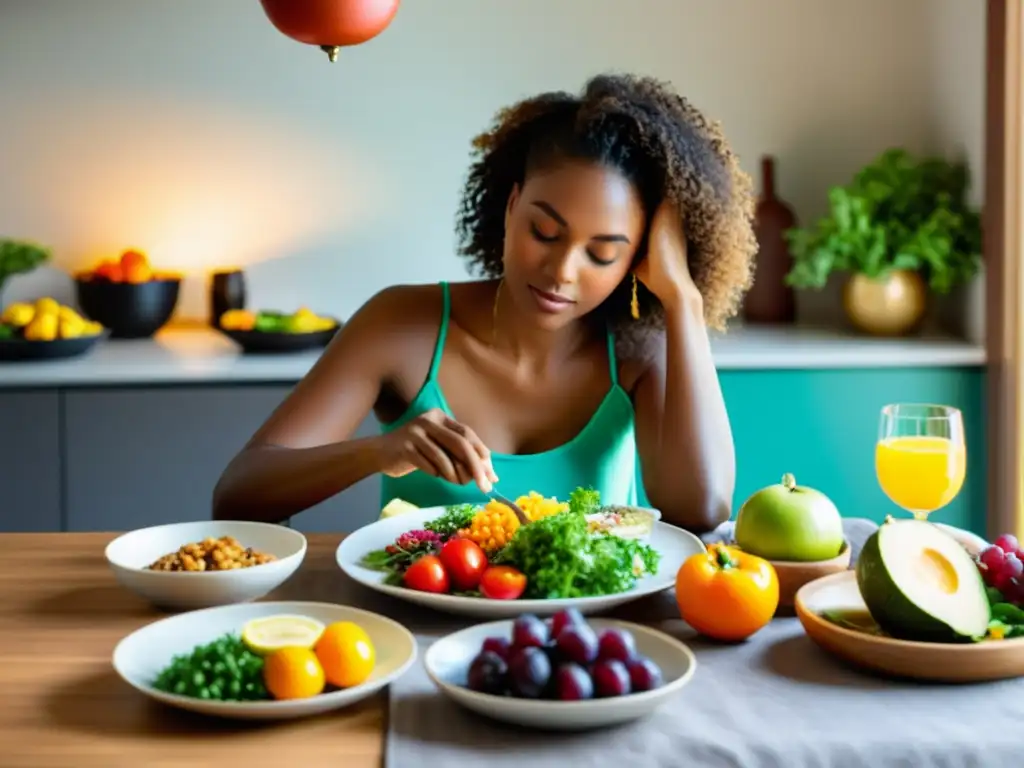 Una persona disfruta de una comida consciente en un entorno sereno y tranquilo, con una mesa decorada con alimentos frescos y vibrantes