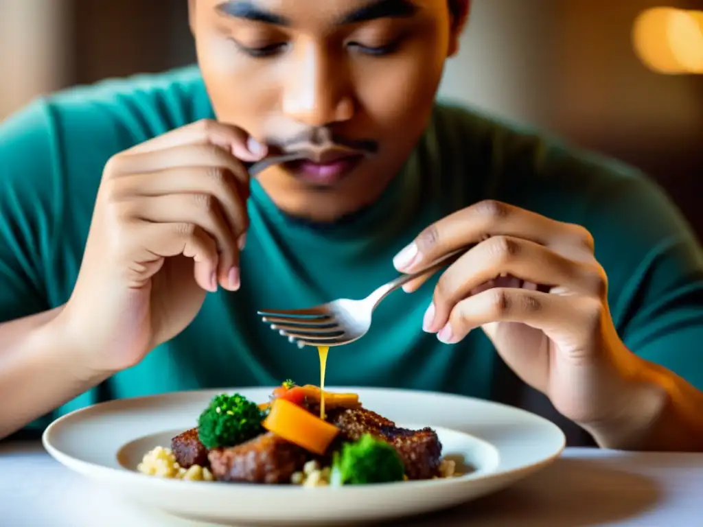 Una persona disfruta su comida con plenitud y atención, capturando el impacto de la alimentación consciente en un ambiente sereno y calmado