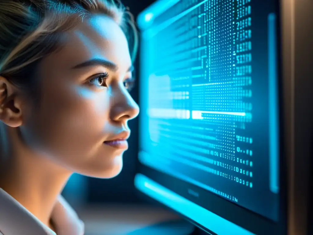 Persona concentrada escribiendo código en la computadora, con líneas de datos blockchain en pantalla