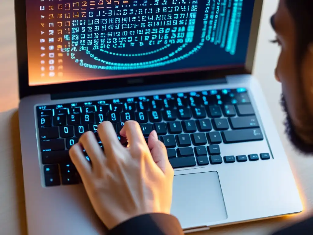 Persona concentrada tecleando código en laptop, iluminación cálida