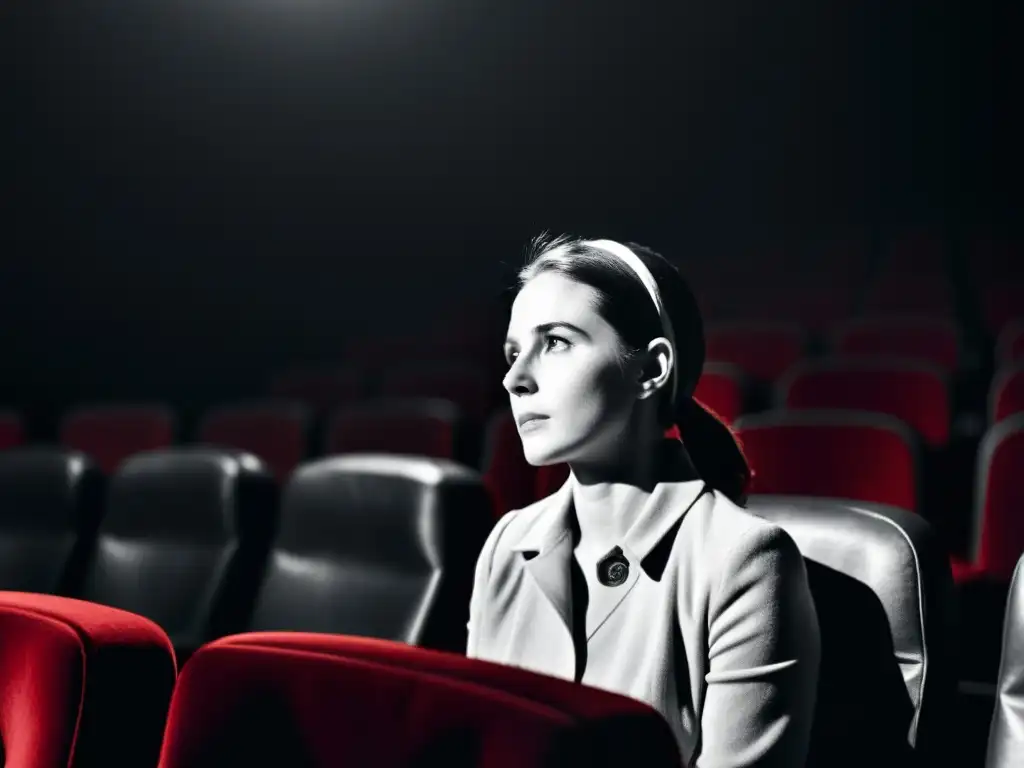 Persona concentrada viendo documental en cine oscuro, reflejando interpretación filosófica películas documentales