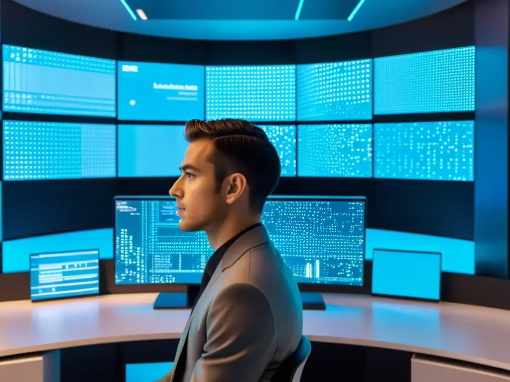 Persona concentrada interactuando con hologramas en oficina futurista