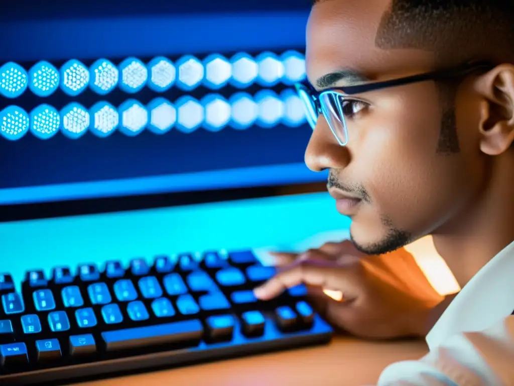 Una persona concentrada interactúa con una interfaz de blockchain en el teclado de un ordenador, rodeada de libros y tecnología