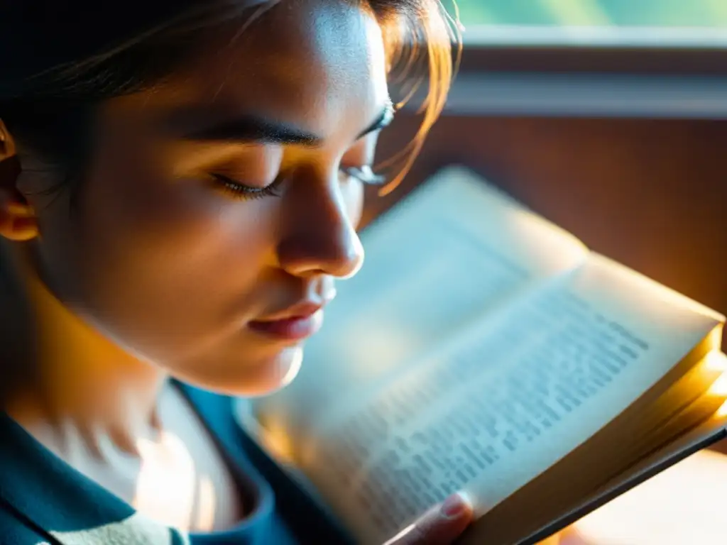 'Persona concentrada leyendo un libro desgastado, iluminado por la luz del sol