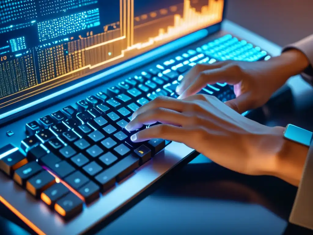 Persona concentrada escribiendo en teclado con representación visual de blockchain en pantalla