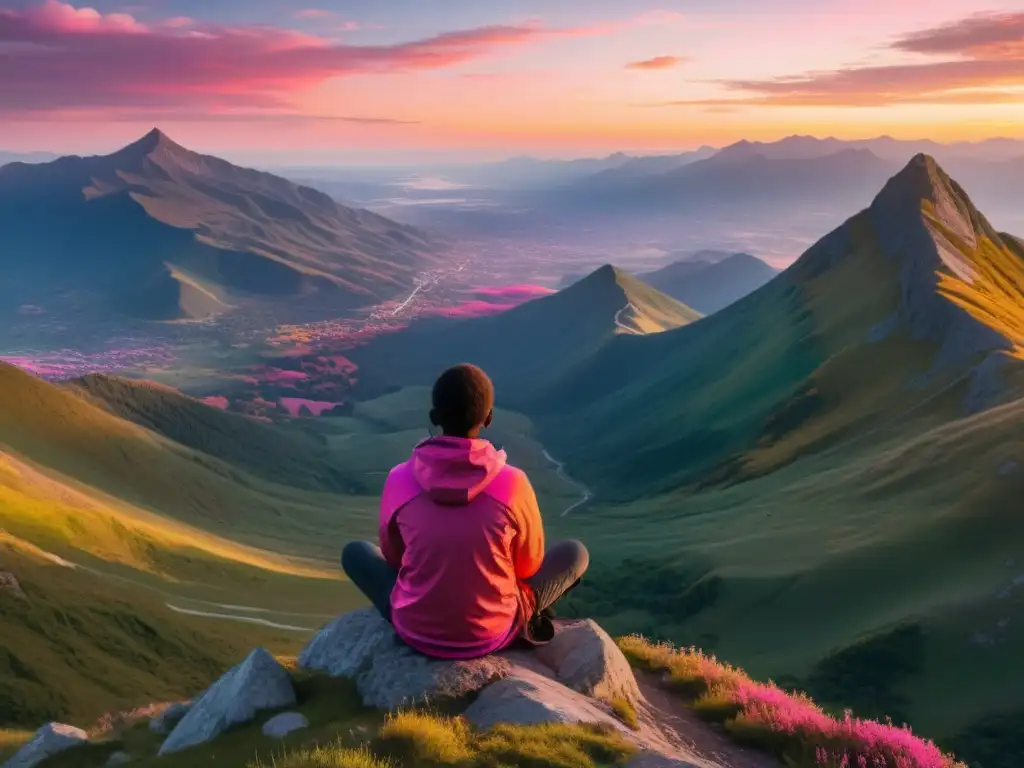 Persona en contemplación en la cima de la montaña al amanecer, exudando libertad y el poder del pensamiento filosófico