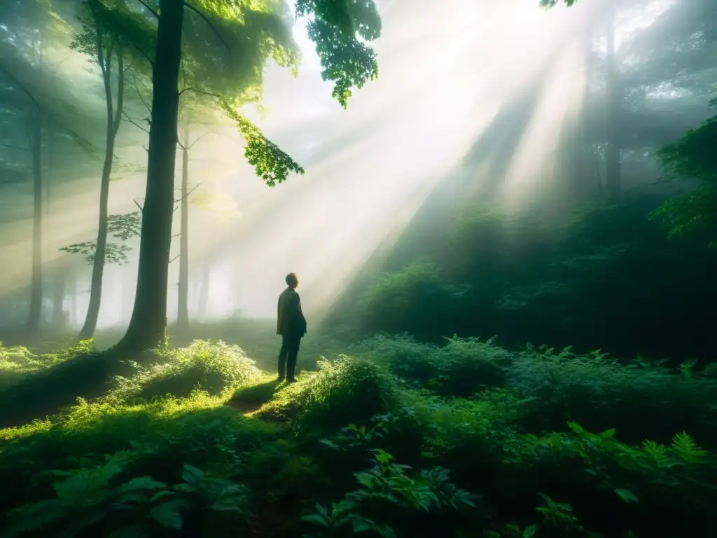 Figura solitaria en el bosque neblinoso Persona en contemplación en un claro del bosque neblinoso, con luz filtrándose entre la densa vegetación