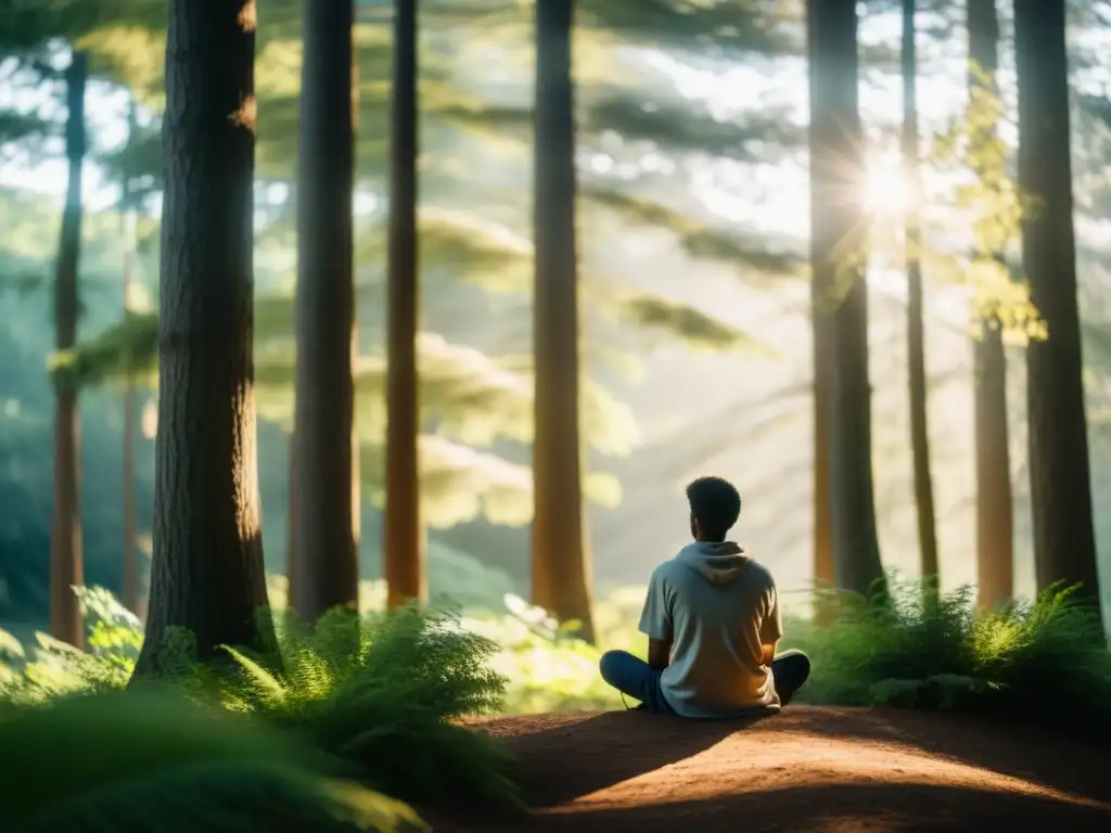 Persona en contemplación en un entorno natural, rodeada de árboles altos y luz suave