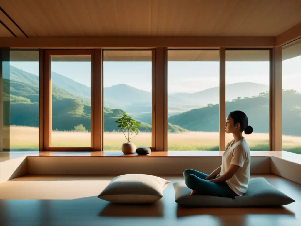Persona en contemplación estoica en un ambiente minimalista con vistas a paisaje tranquilo