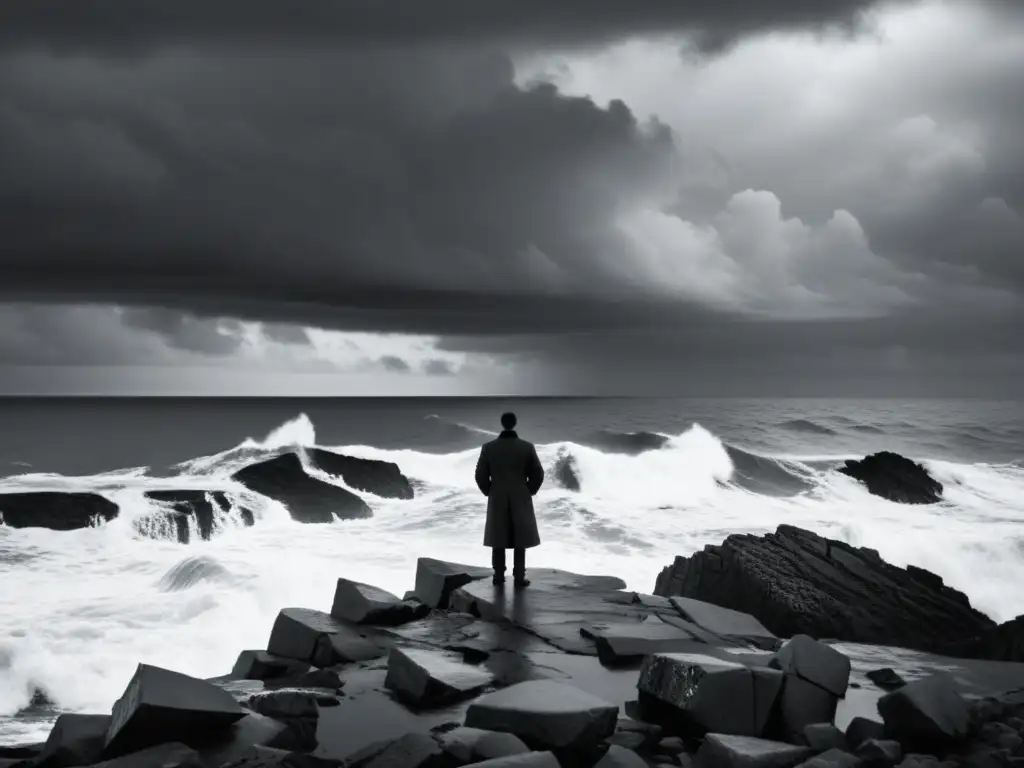 Contemplación en el acantilado: buscando significado en el mar Persona contemplativa en acantilado rocoso mirando el mar tempestuoso, reflejo de la búsqueda del ser genuino Heidegger