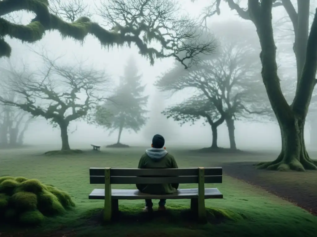 Persona contemplativa en banco del parque, rodeada de densa niebla