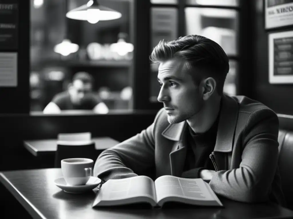 Mirada intensa en café: reflexión existencial Una persona contemplativa en un café tenue, leyendo un libro sobre existencialismo