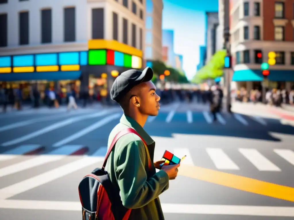 Persona contemplativa en cruce con cubo Rubik y lápiz, reflexionando sobre estrategias de pensamiento lateral en la bulliciosa ciudad