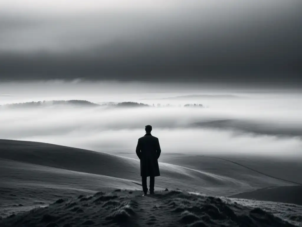 Persona contemplativa frente al horizonte neblinoso, transmitiendo soledad existencial y la conexión con la psicología fenomenológica Heidegger