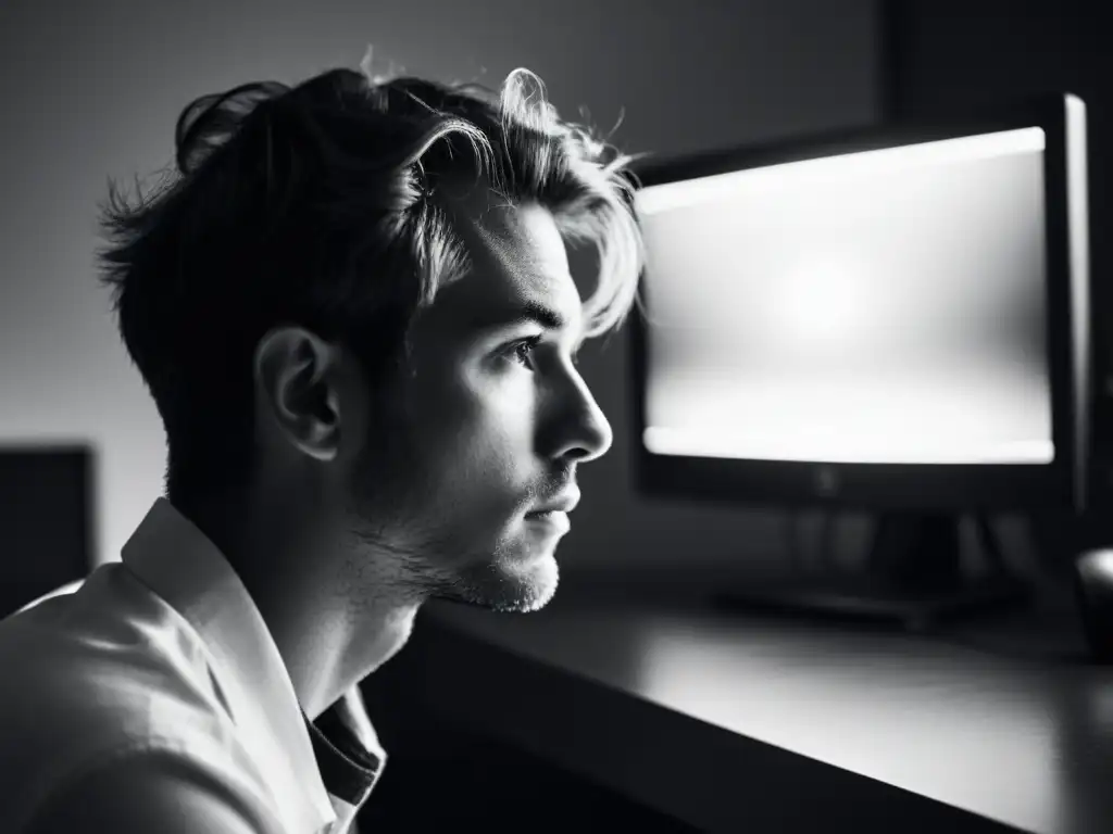 Una persona contemplativa frente a la pantalla de un ordenador, reflejando los desafíos filosóficos en la era digital