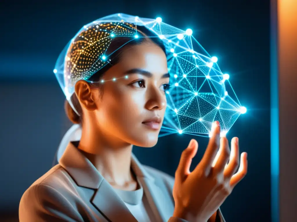 Persona contemplativa interactúa con interfaz holográfica de blockchain