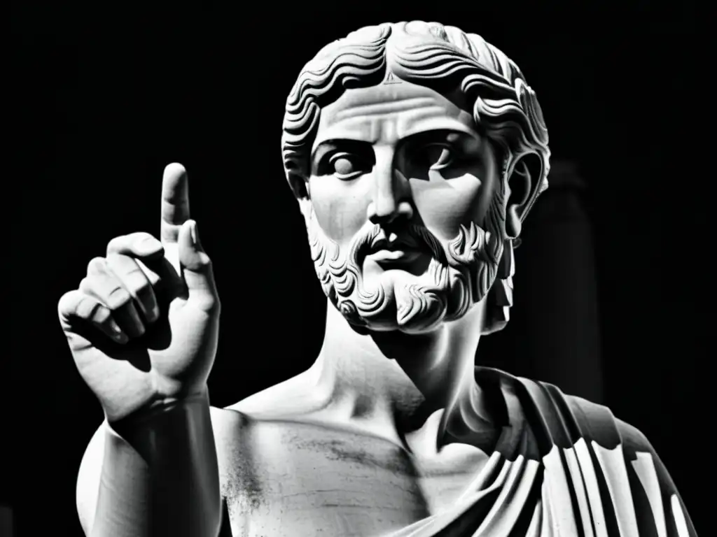 Una persona contemplativa alcanza la mano de una estatua griega antigua