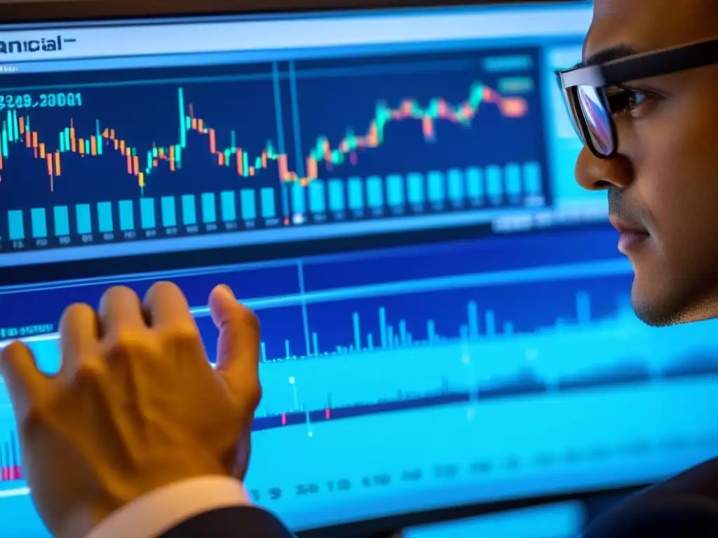 Persona analizando datos financieros en la pantalla del ordenador, reflejados en sus gafas, con expresión enfocada y determinada