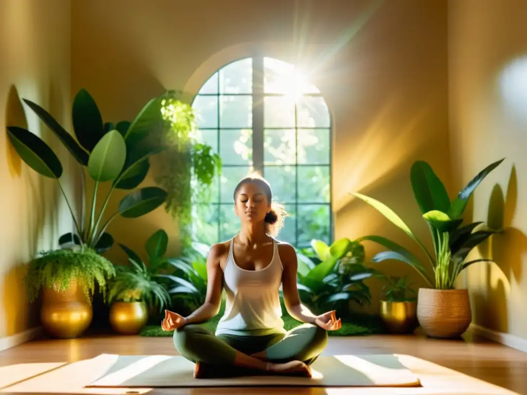 Persona meditando para trascender el ego en un ambiente sereno y luminoso entre plantas exuberantes