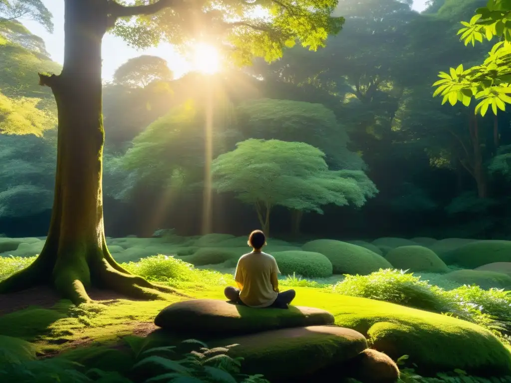 Persona en meditación para trascender el ego en un claro boscoso bañado por luz dorada, rodeado de serenidad natural y quietud introspectiva