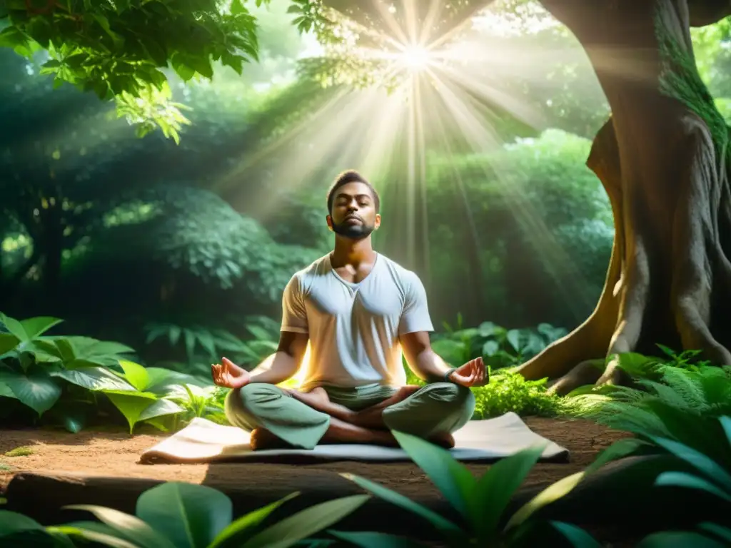 Persona en meditación para trascender el ego, envuelta en serenidad y luz entre la exuberante naturaleza