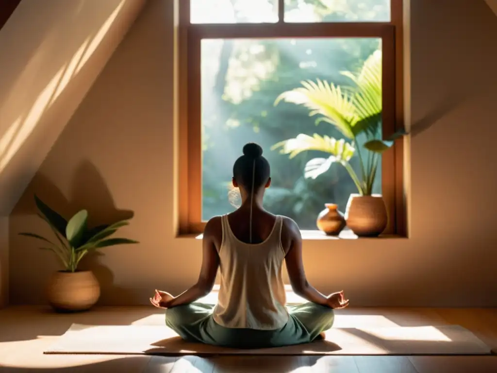 Persona en meditación para trascender el ego, sentada en un espacio sereno y soleado, emanando paz interior