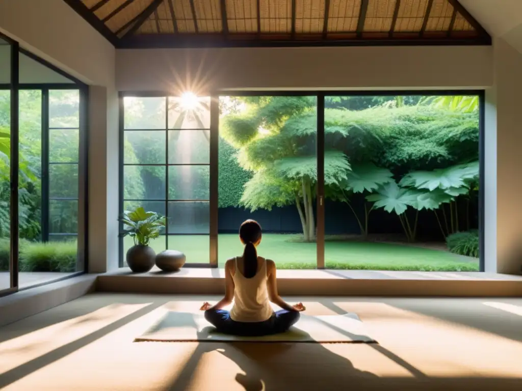 Persona en meditación para trascender el ego, en sereno cuarto con vista a jardín tranquilo, iluminado por suave luz solar