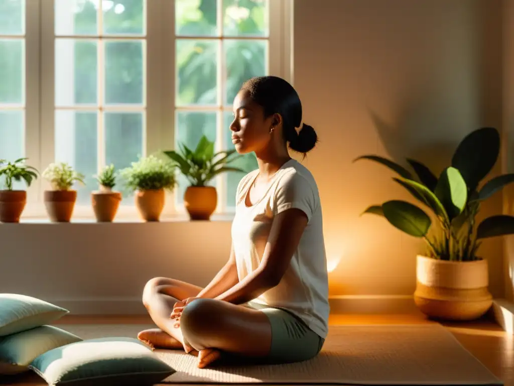 Persona practicando ejercicios de mindfulness para liberación emocional en una habitación tranquila con plantas y decoración minimalista
